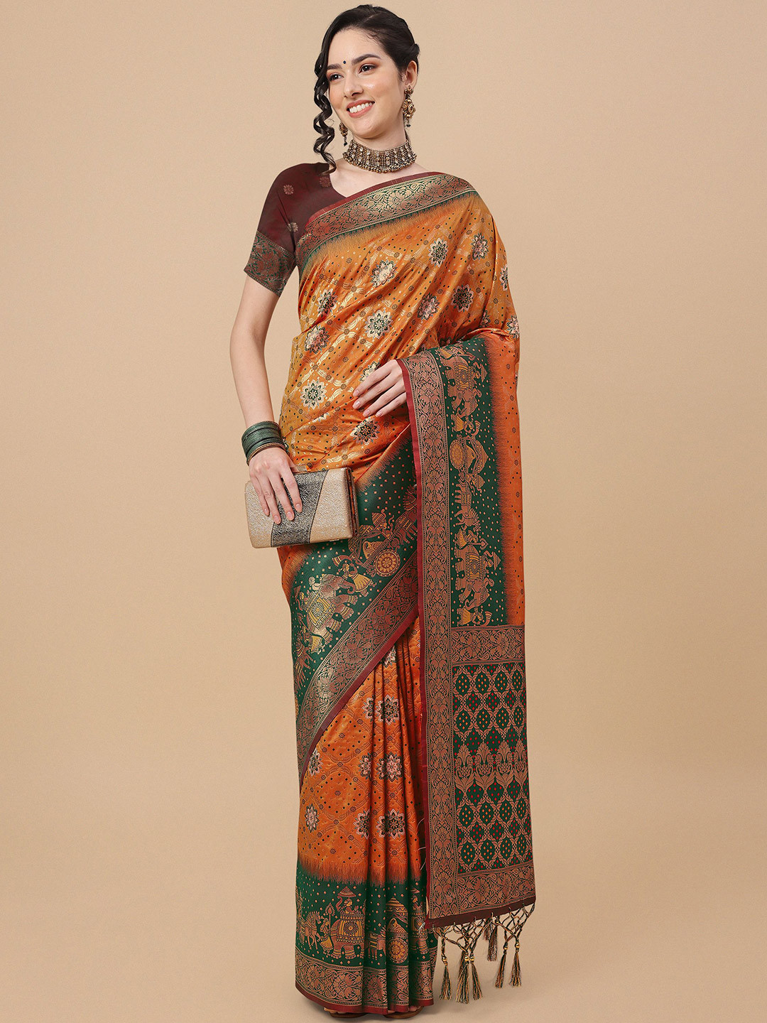 

Mitera Mustard & Green Floral Zari Silk Blend Banarasi Saree