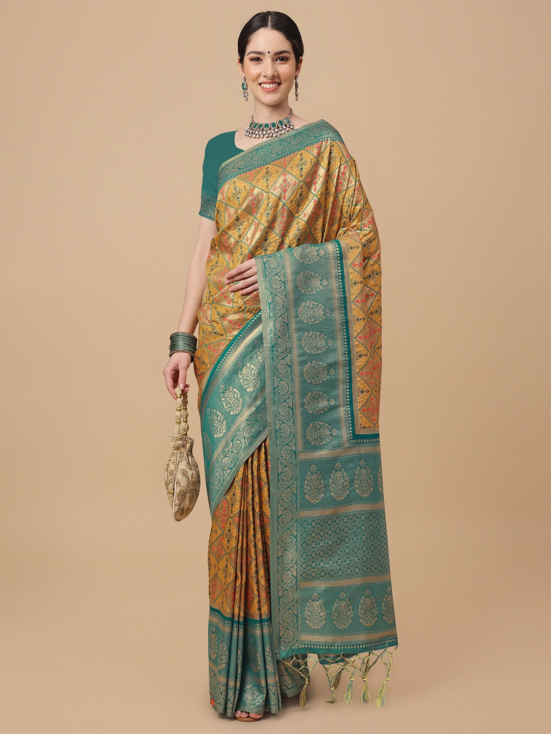 

Mitera Mustard & Green Ethnic Motifs Zari Silk Blend Banarasi Saree