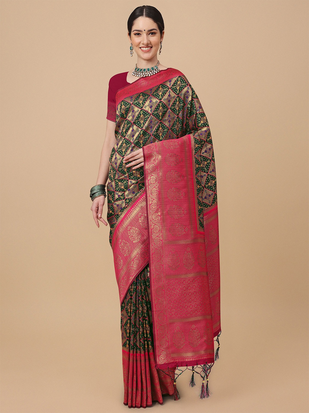 

Mitera Green & Pink Ethnic Motifs Zari Silk Blend Banarasi Saree