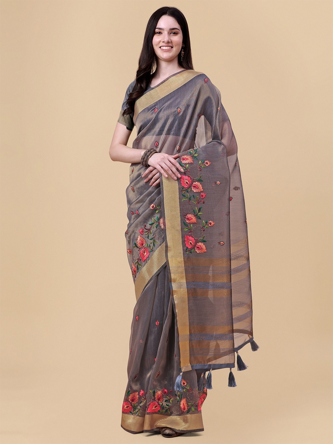 

Mitera Grey & Gold-Toned Floral Embroidered Pure Linen Saree