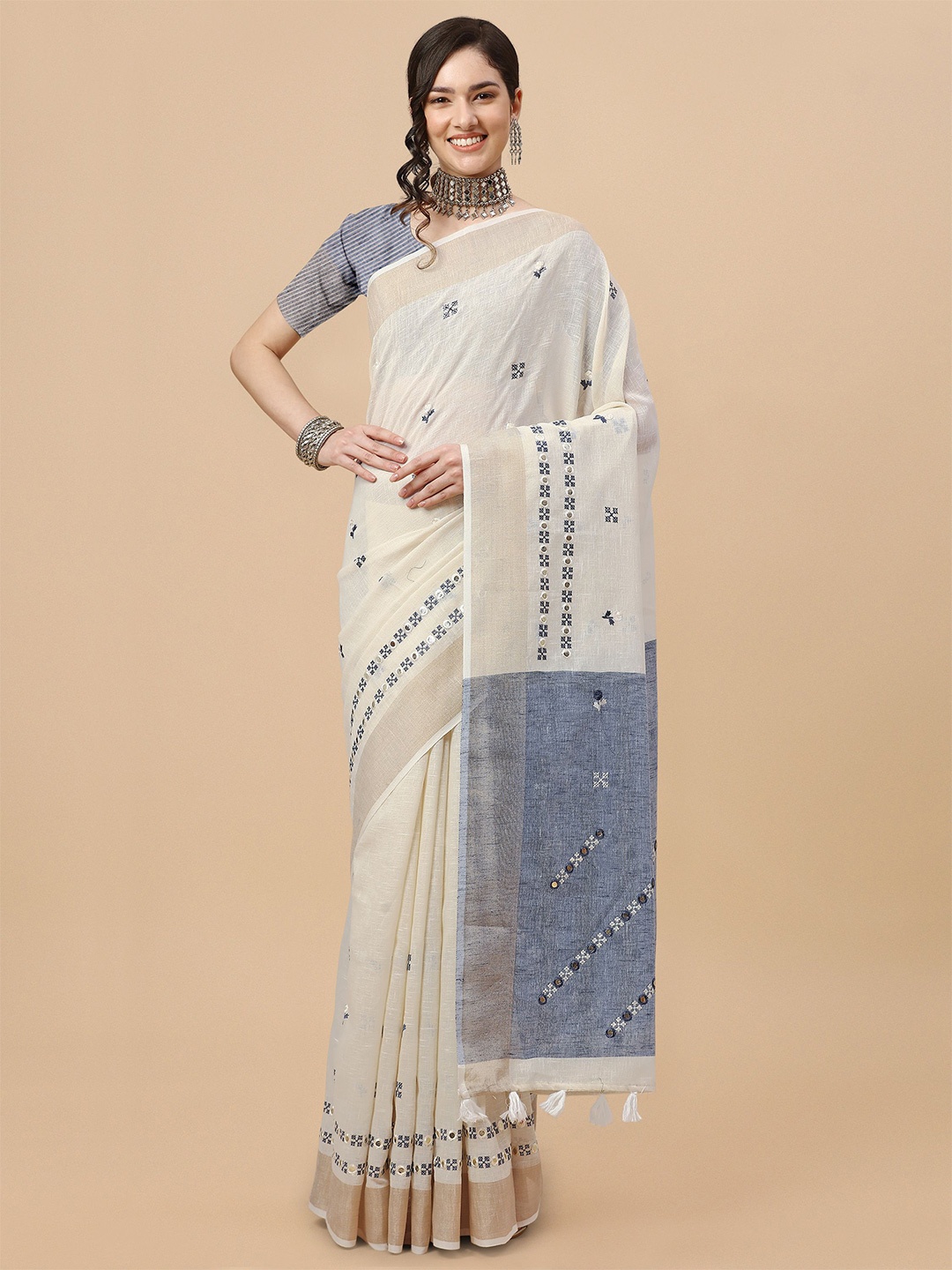 

Mitera Off White & Blue Ethnic Motifs Embroidered Pure Linen Saree