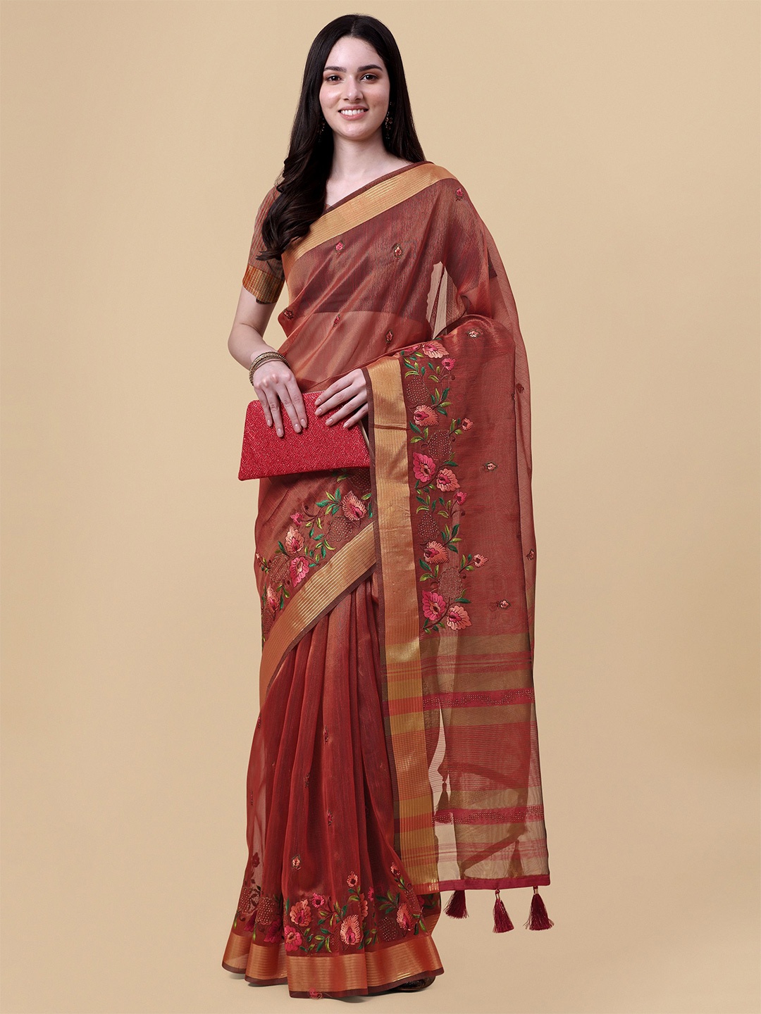 

Mitera Maroon & Gold-Toned Floral Embroidered Pure Linen Saree