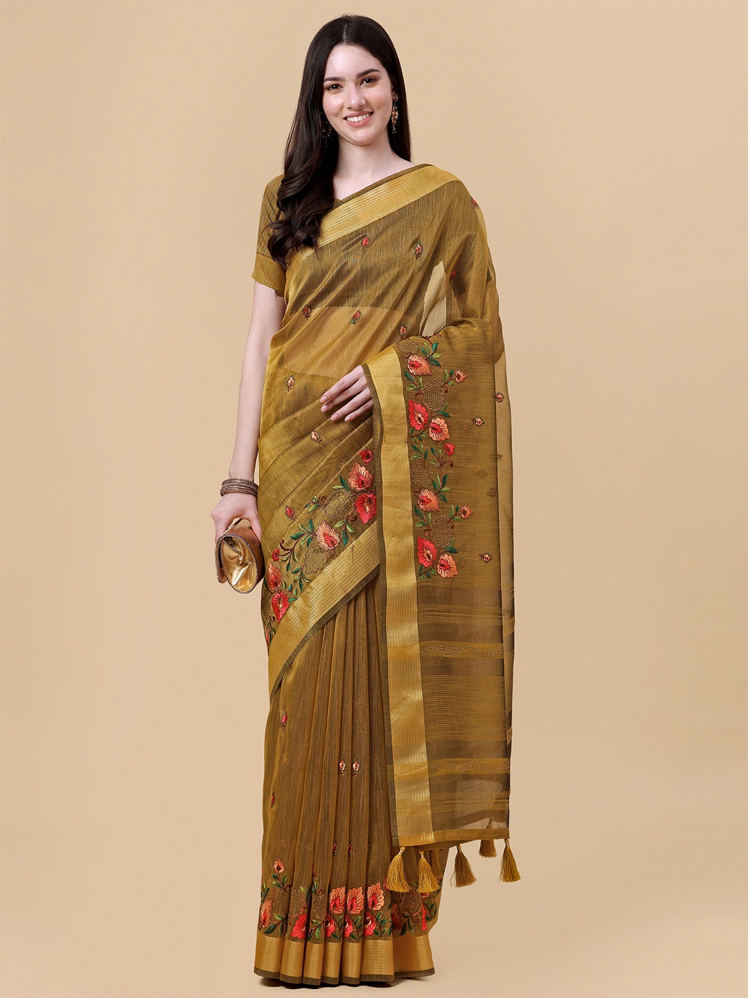

Mitera Mustard & Gold-Toned Floral Embroidered Pure Linen Saree