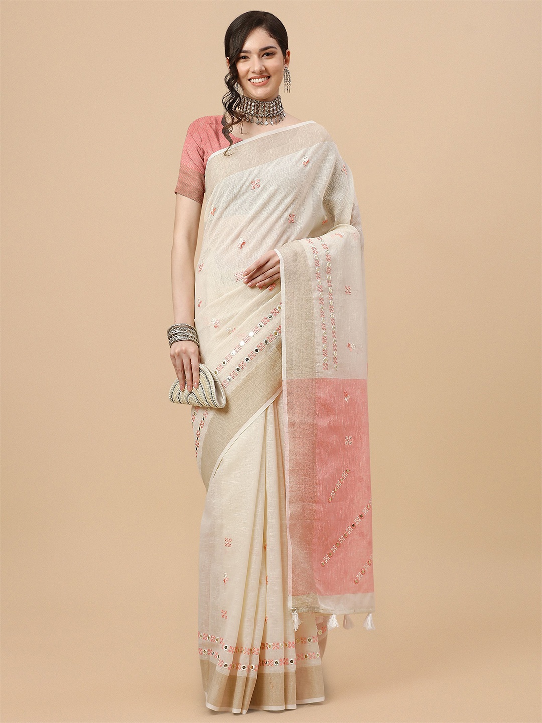 

Mitera Off White & Pink Floral Embroidered Pure Linen Saree