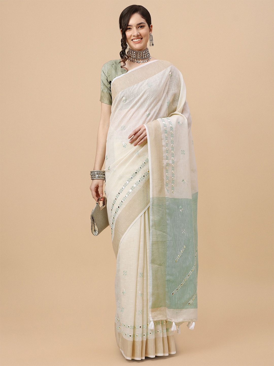 

Mitera Off White & Grey Embellished Embroidered Pure Linen Saree