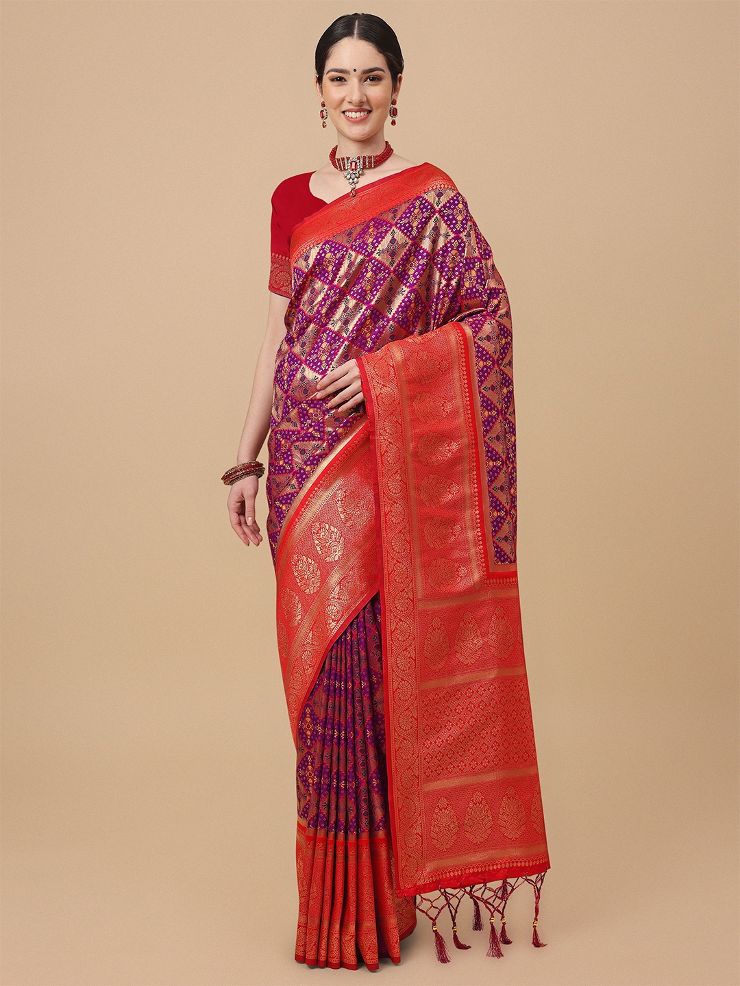 

Mitera Purple & Red Woven Design Zari Silk Blend Banarasi Saree