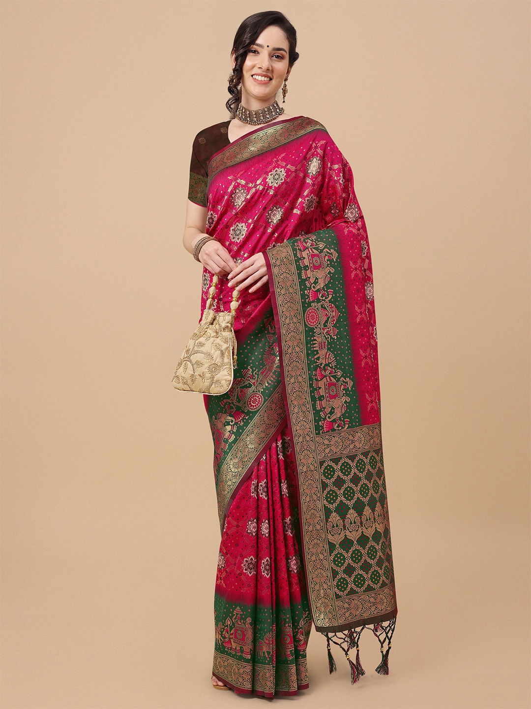 

Mitera Pink & Green Floral Zari Silk Blend Banarasi Saree