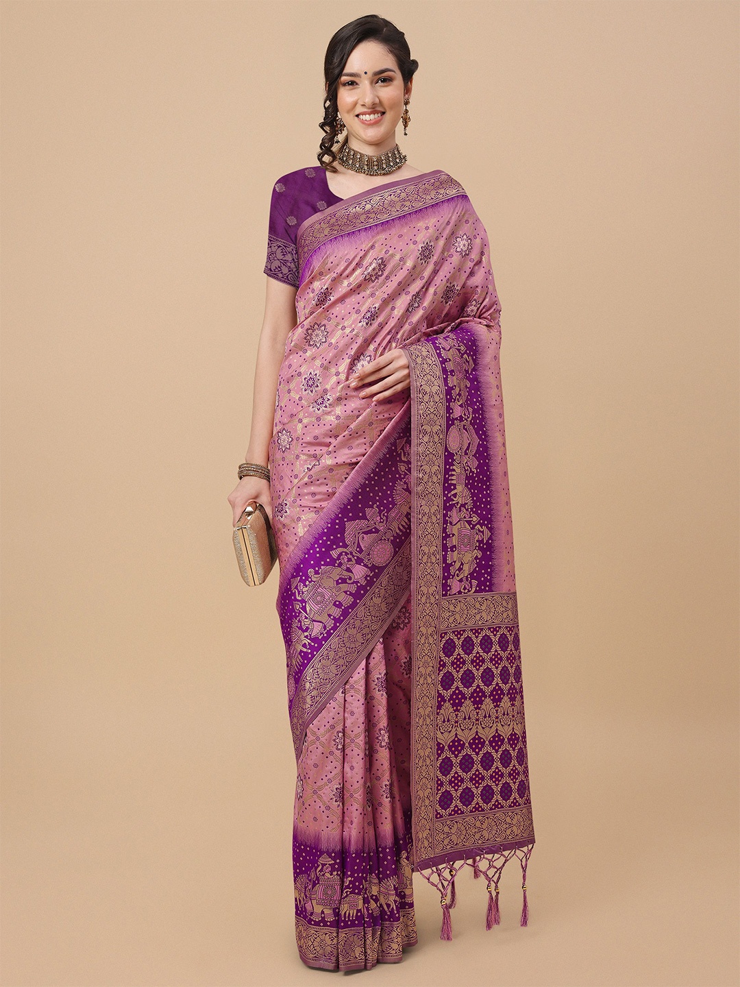 

Mitera Purple & Gold-Toned Floral Zari Silk Blend Banarasi Saree