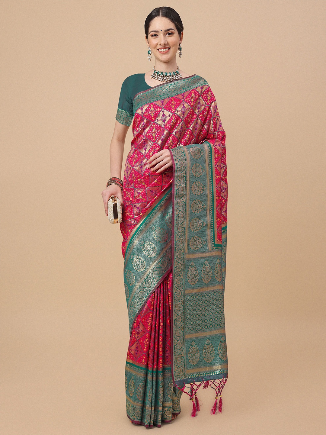 

Mitera Pink & Green Ethnic Motifs Zari Silk Blend Banarasi Saree