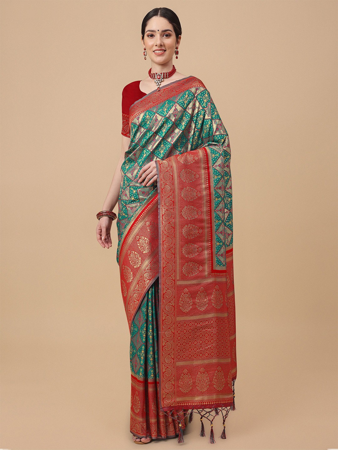 

Mitera Green & Red Ethnic Motifs Zari Silk Blend Banarasi Saree