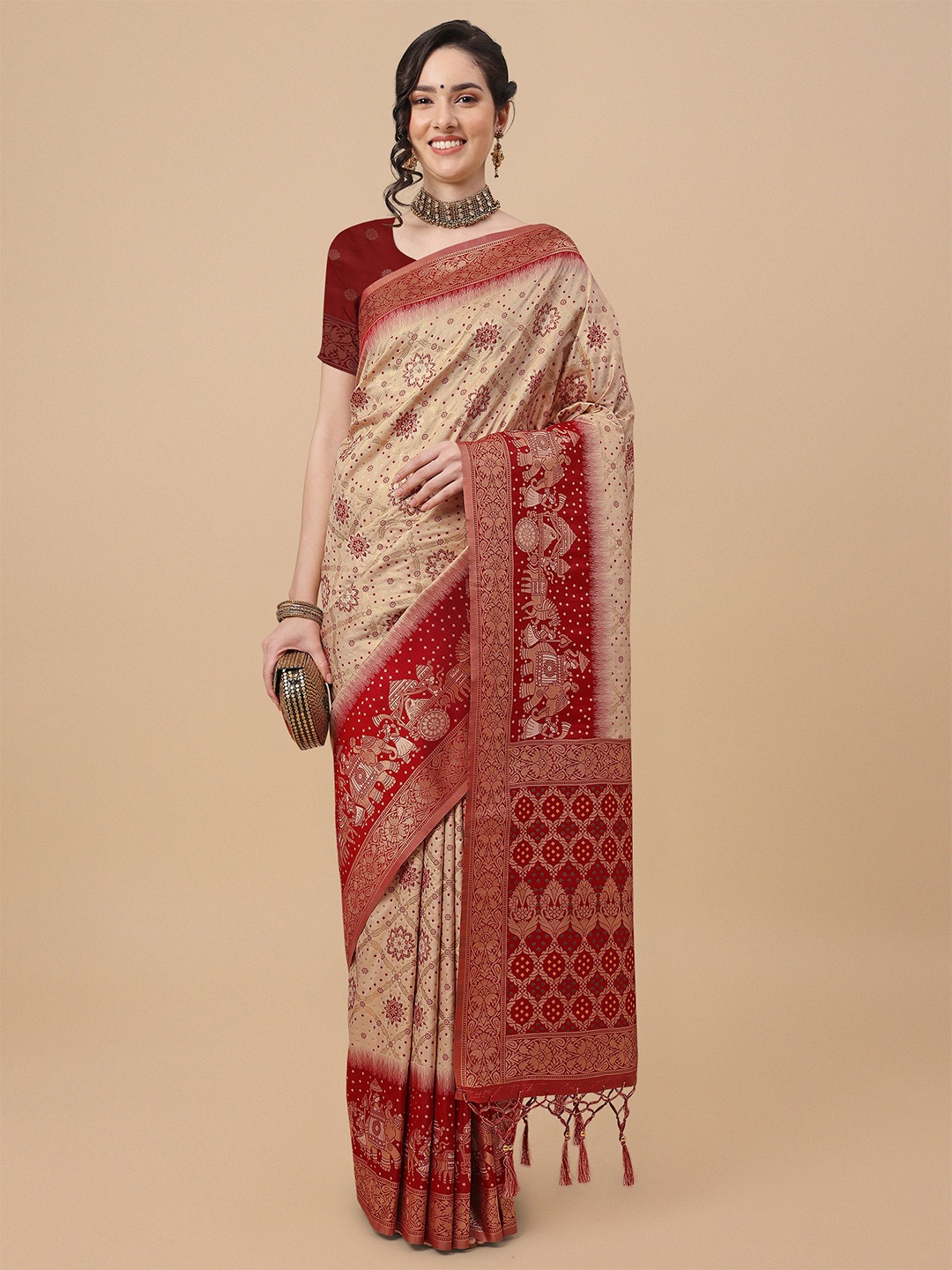 

Mitera Beige & Red Floral Zari Silk Blend Banarasi Saree