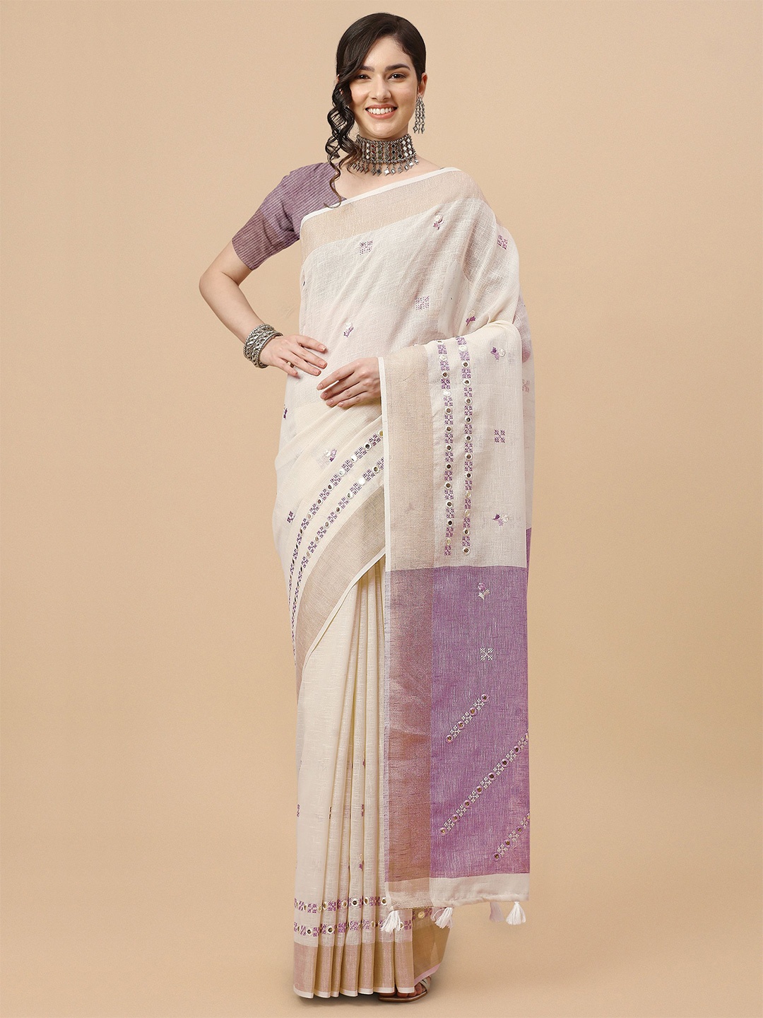 

Mitera Off White & Purple Ethnic Motifs Embroidered Pure Linen Saree