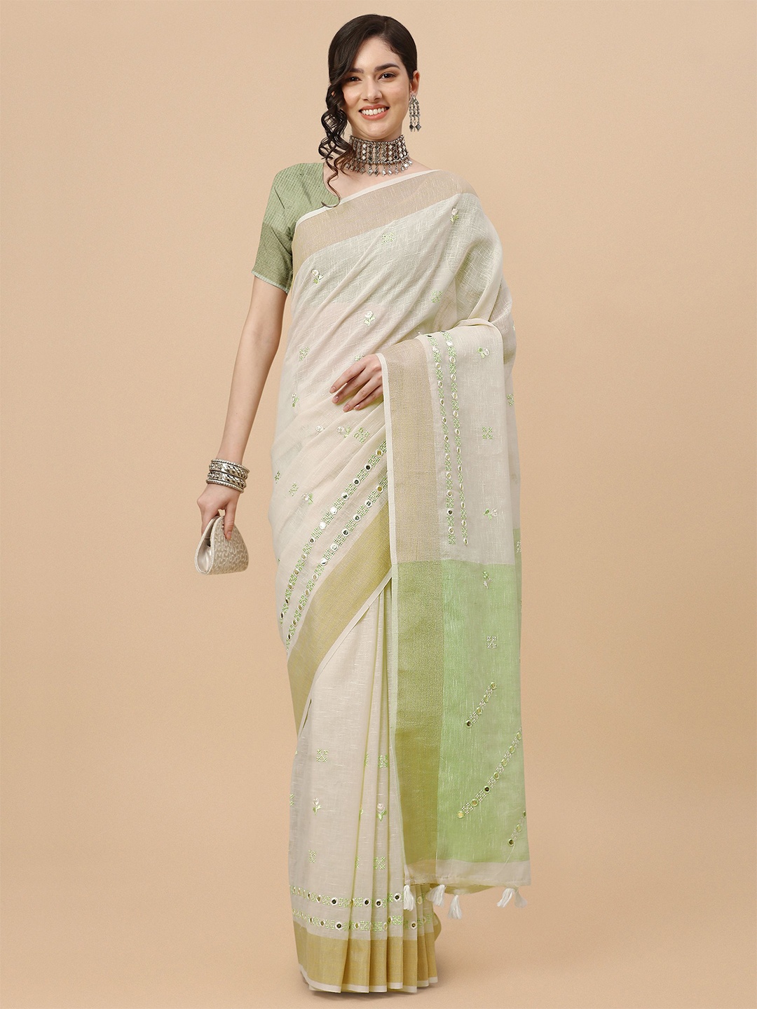 

Mitera Off White & Green Ethnic Motifs Embroidered Pure Linen Saree