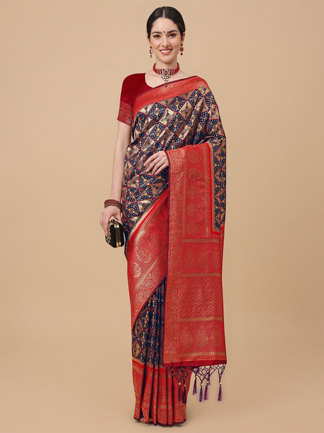 

Mitera Navy Blue & Red Woven Design Zari Silk Blend Banarasi Saree