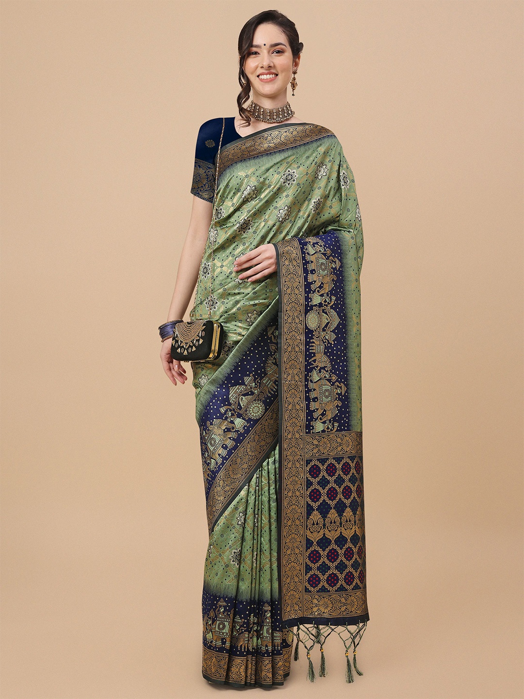 

Mitera Green & Navy Blue Ethnic Motifs Zari Silk Blend Banarasi Saree