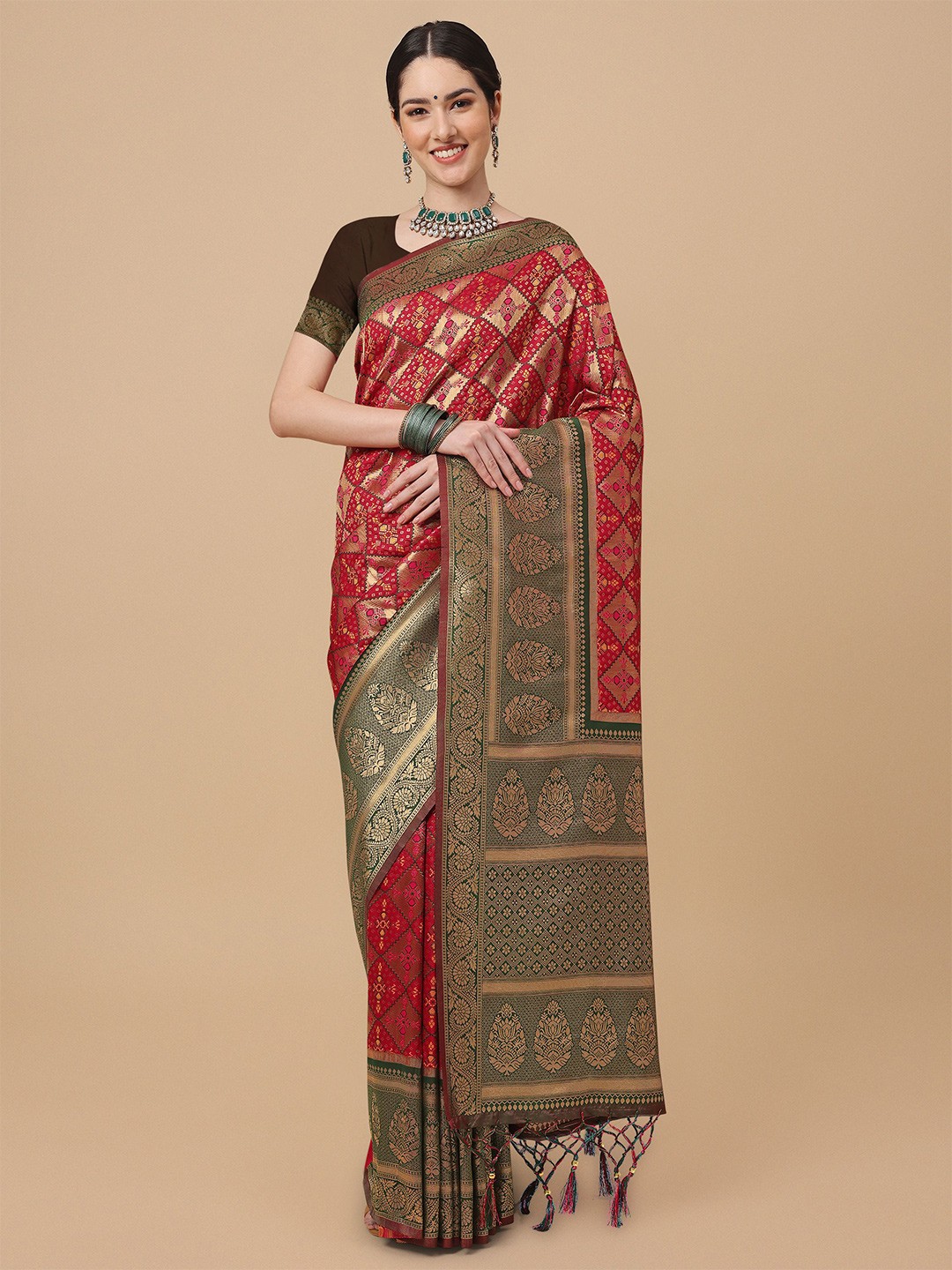 

Mitera Red & Green Ethnic Motifs Zari Silk Blend Banarasi Saree