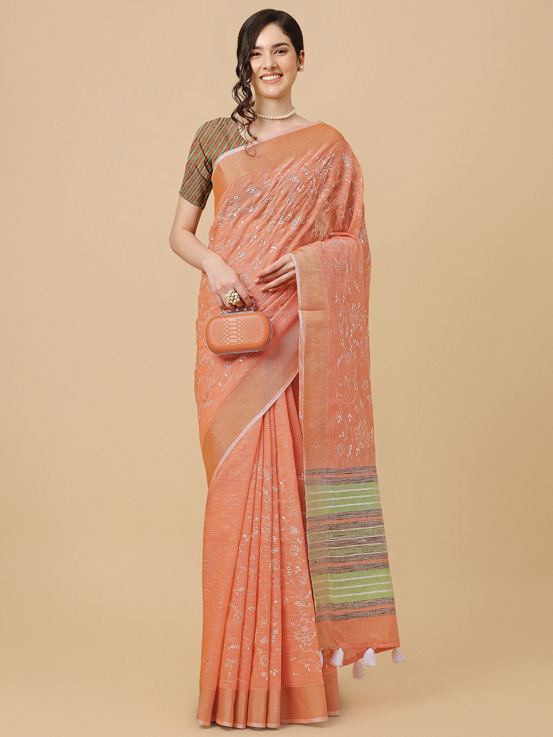 

Mitera Peach-Coloured & Green Floral Embroidered Pure Linen Saree
