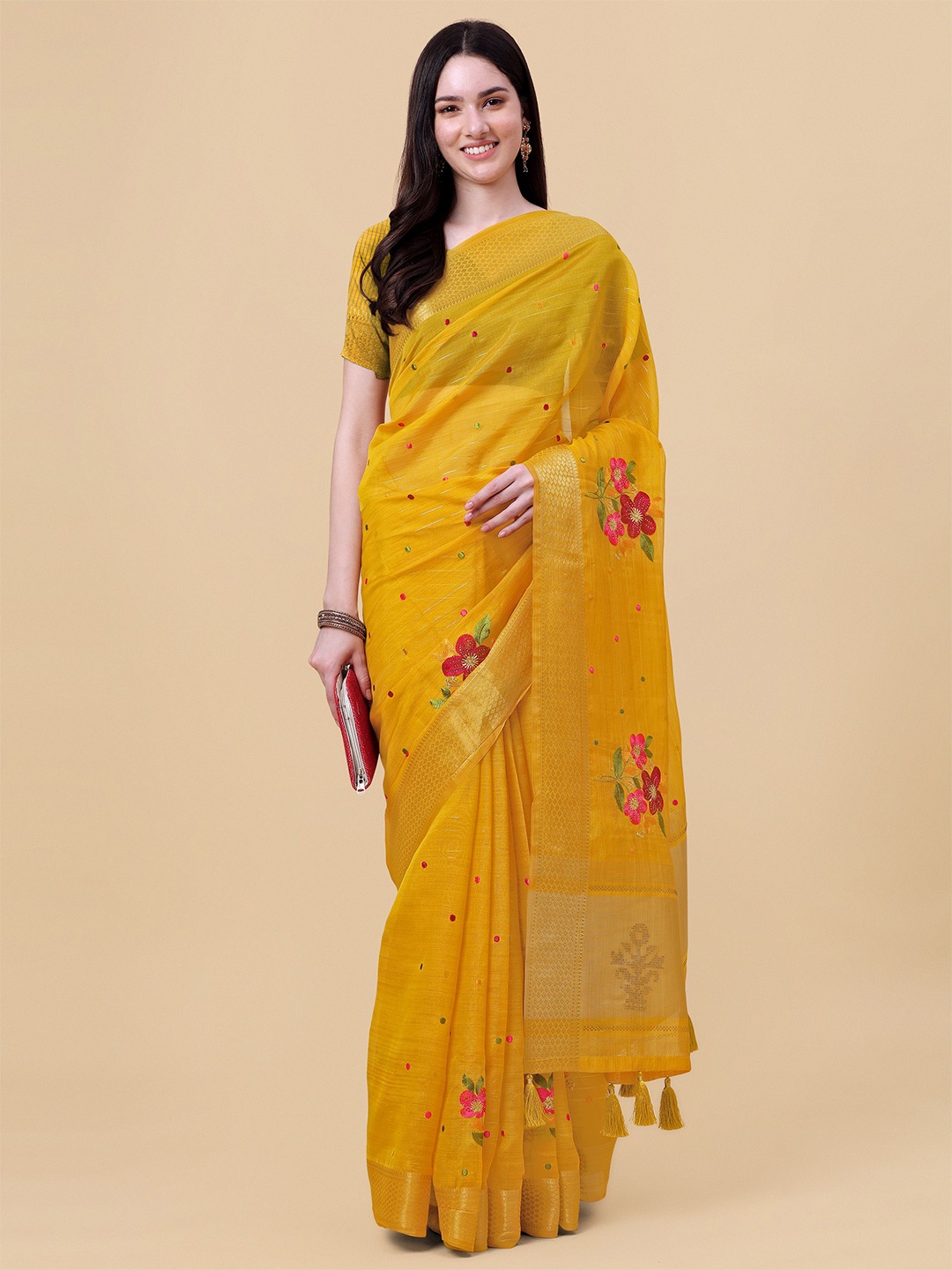 

Mitera Yellow & Pink Floral Embroidered Organza Saree