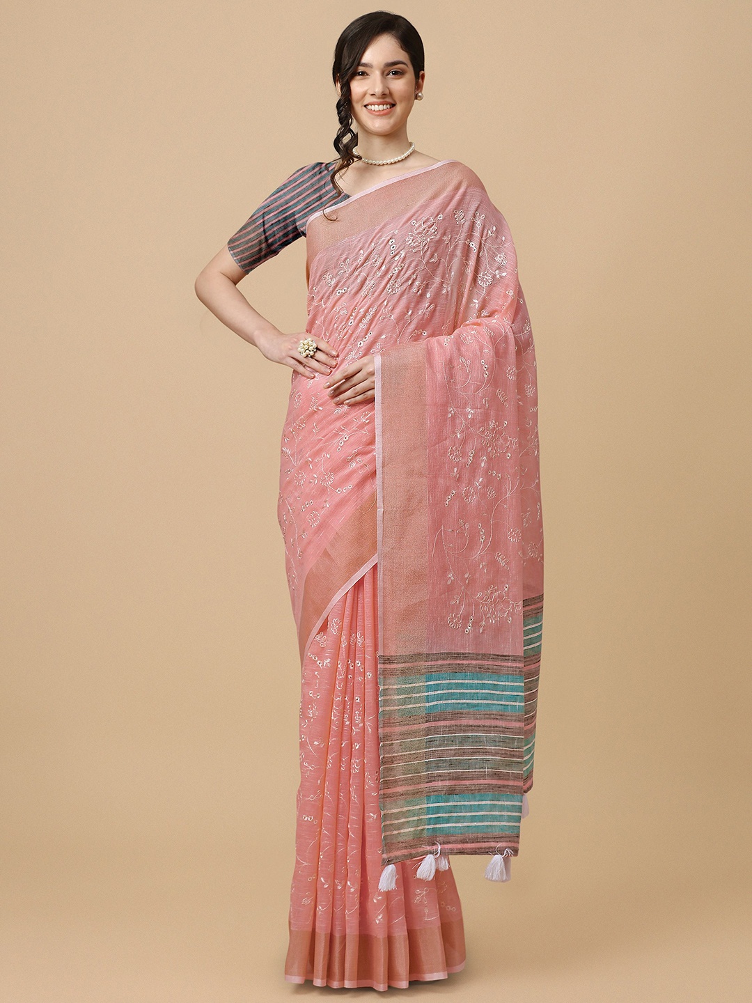 

Mitera Peach-Coloured & Blue Floral Embroidered Pure Linen Saree