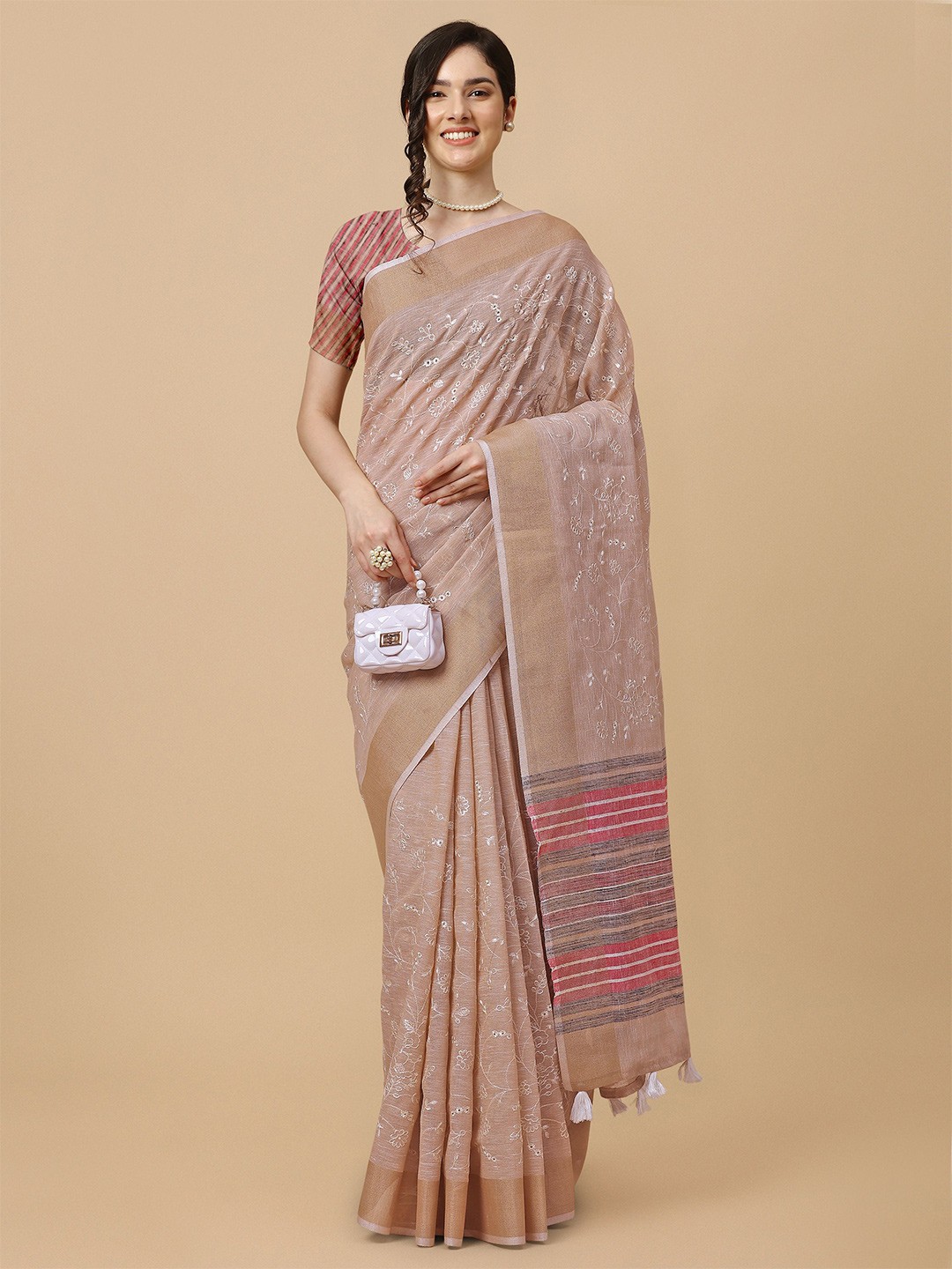 

Mitera Beige & Pink Floral Embroidered Pure Linen Saree