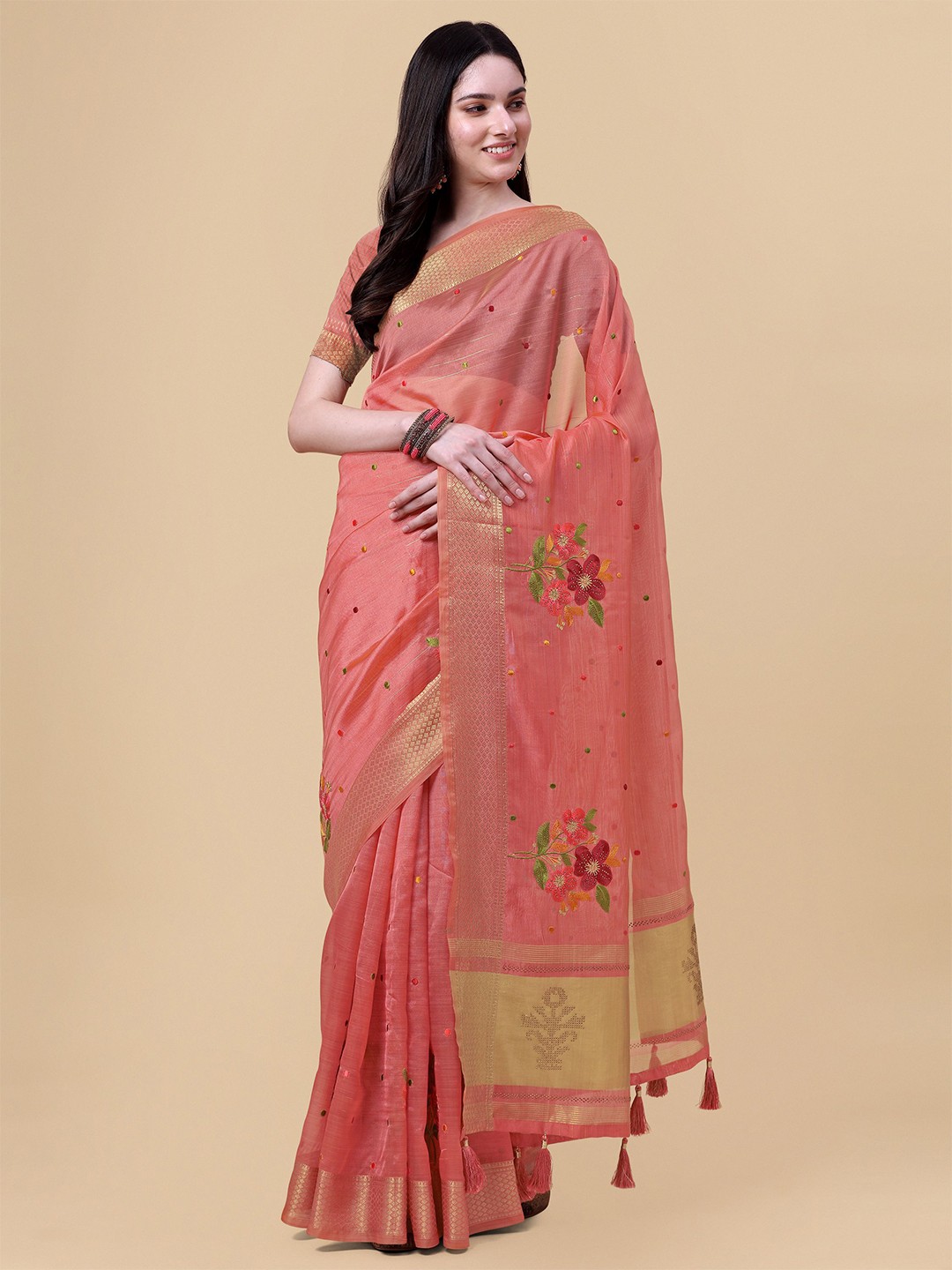 

Mitera Peach-Coloured & Gold-Toned Floral Embroidered Organza Saree