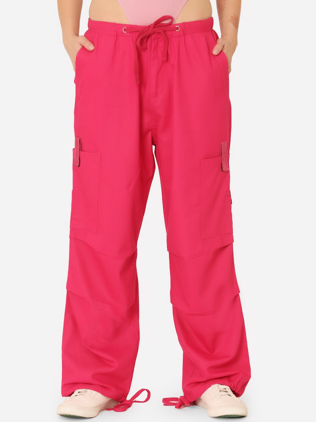 

EVERDION Women Pink Comfort Loose Fit Low-Rise Easy Wash Cotton Cargos