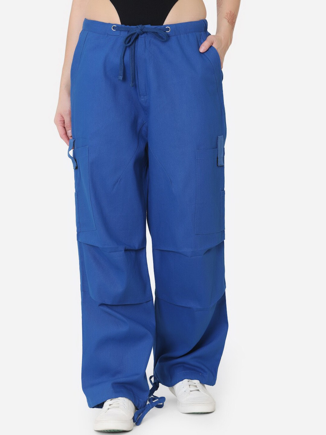 

EVERDION Women Comfort Loose Fit Low-Rise Easy Wash Cotton Cargos, Blue