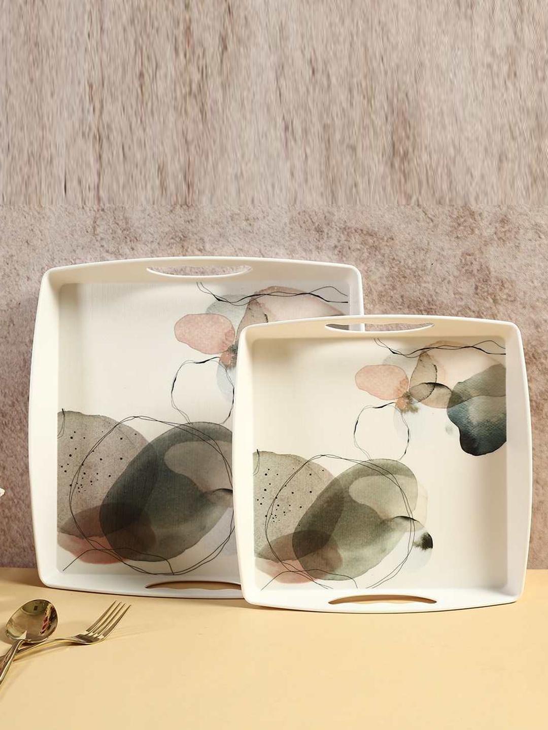 

Wonderchef Blue & Off White Set Of 2 Venice Abstract Printed Serving Trays