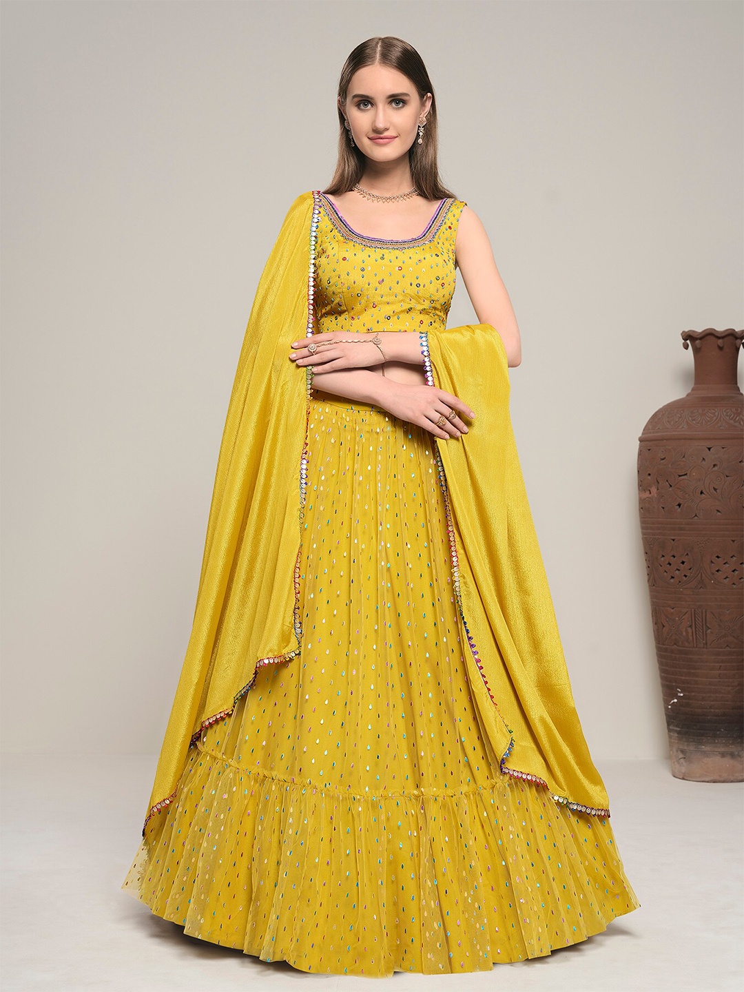 

DRESSTIVE Mustard & Green Embroidered Semi-Stitched Lehenga Choli With Dupatta