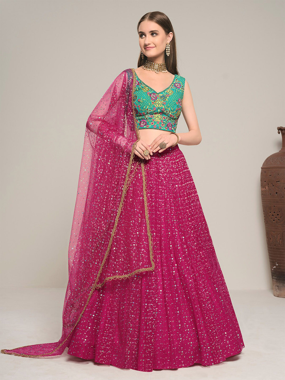 

DRESSTIVE Embroidered Thread Work Semi-Stitched Lehenga & Unstitched Blouse With Dupatta, Fuchsia