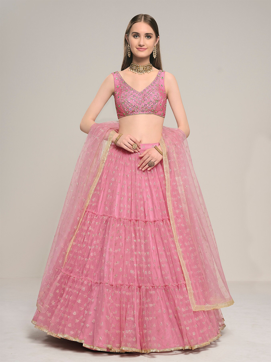 

DRESSTIVE Pink & Gold-Toned Embroidered Semi-Stitched Lehenga Choli With Dupatta