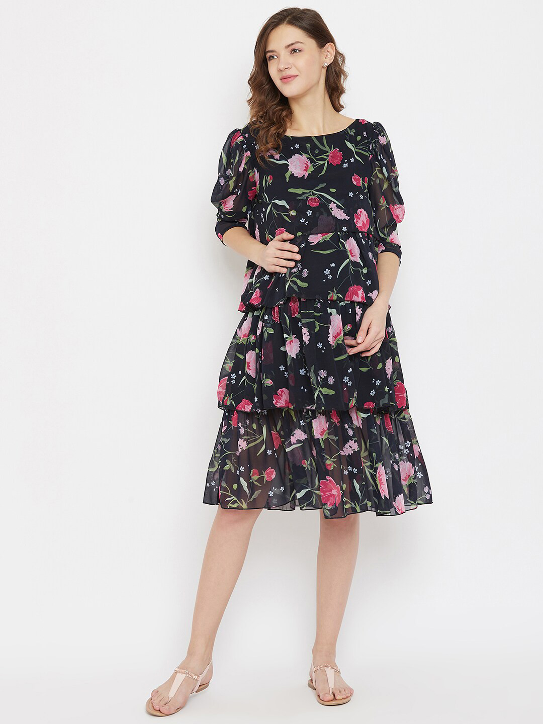 

The Kaftan Company Women Black Floral Layered Maternity A-Line Midi Dress