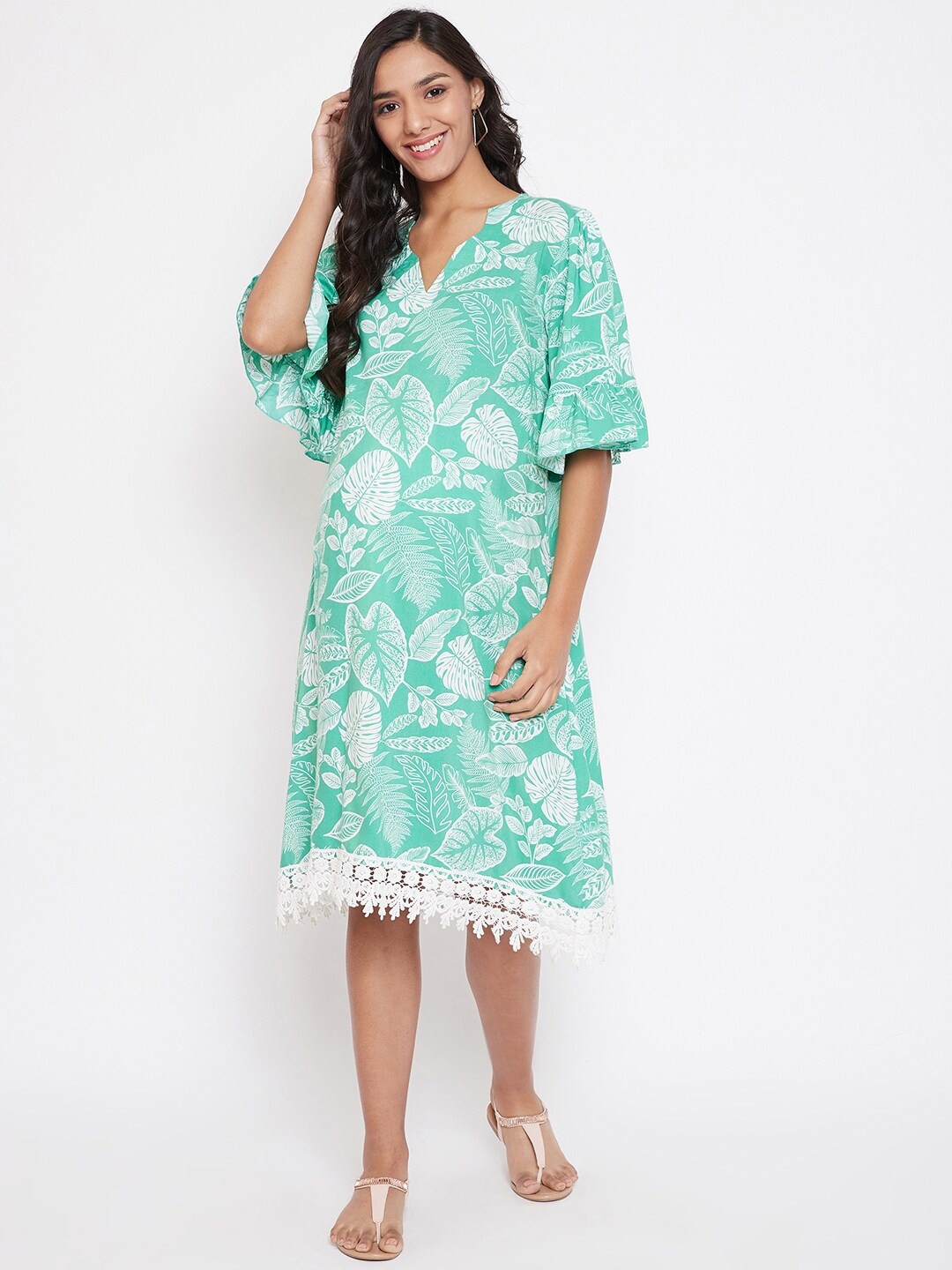 

The Kaftan Company Women Turquoise Blue Floral Maternity A-Line Dress