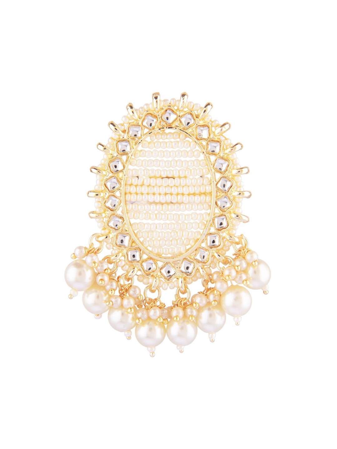 

Efulgenz Gold-Plated White Kundan Studded & Pearl Beaded Finger Ring