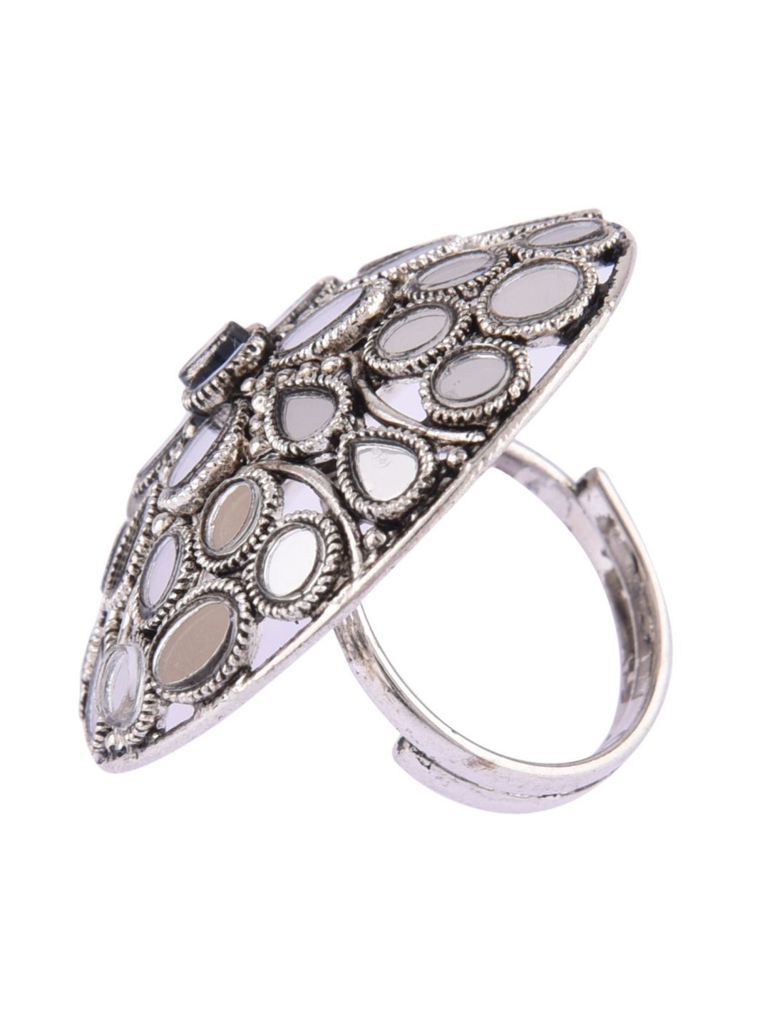 

Efulgenz Oxidized Silver-Toned Rhodium Plated Crystal Studded Finger Ring