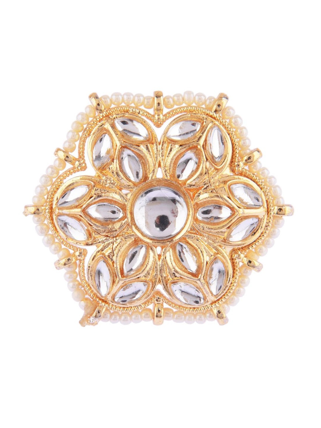 

Efulgenz Women Gold-Plated White Kundan & Pearl Adjustable Finger Ring