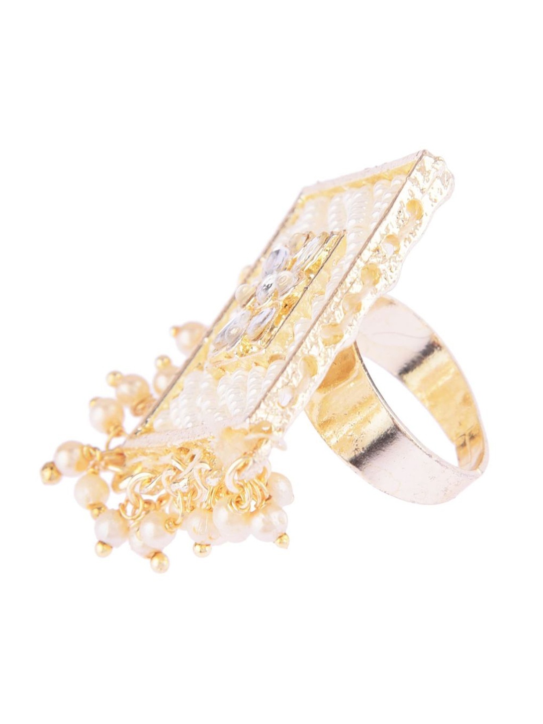 

Efulgenz Women Gold-Plated White Crystal Studded & Beaded Finger Ring