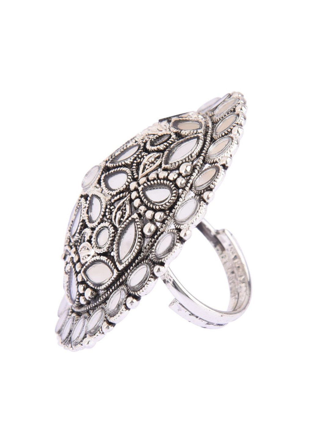

Efulgenz Women Oxidized Rhodium-Plated Silver-Toned Glass Stone-Studded Finger Ring