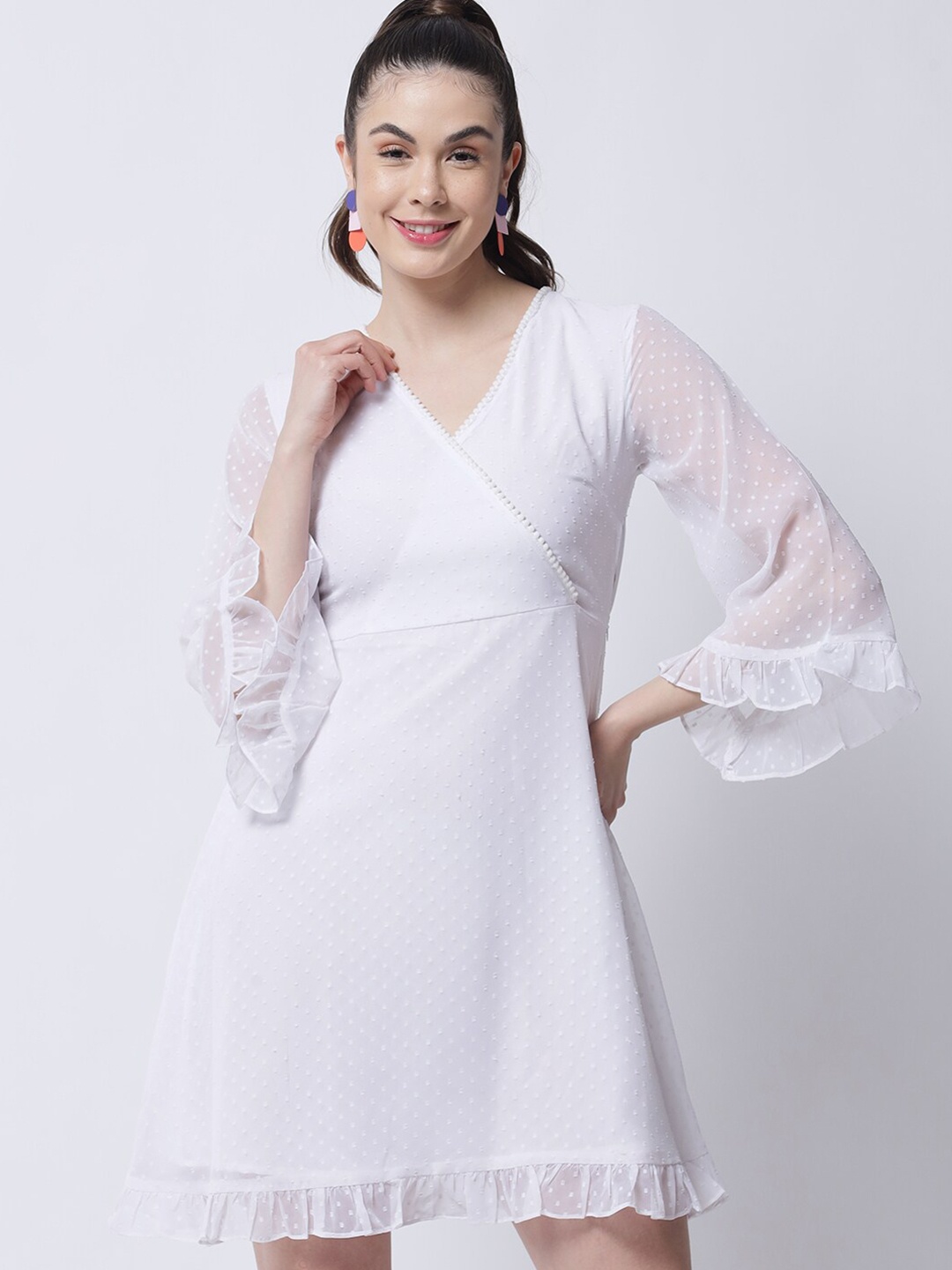 

MARC LOUIS Women White Ruffled Georgette Dress