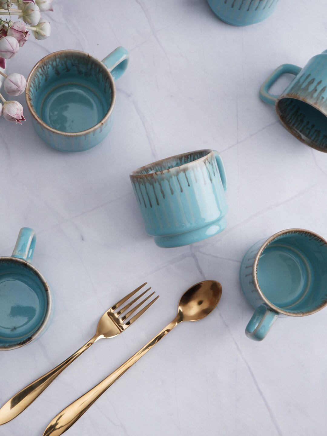 

THE WHITE INK DECOR Blue Set of 2 Dishwasher & Microwave safe Ceramic Mugs 250ml each