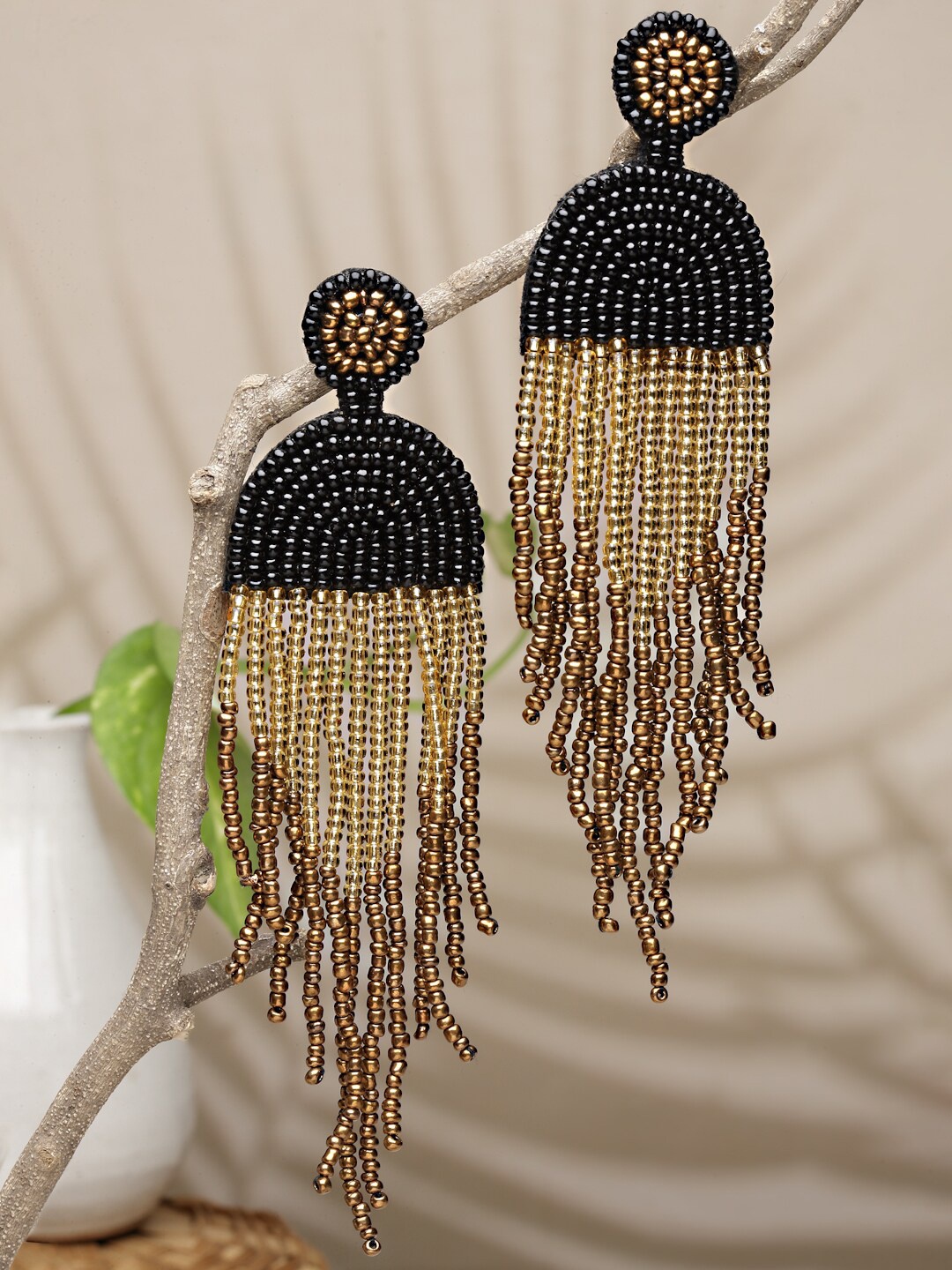 

Anekaant Black & Gold Dome Shaped Drop Earrings