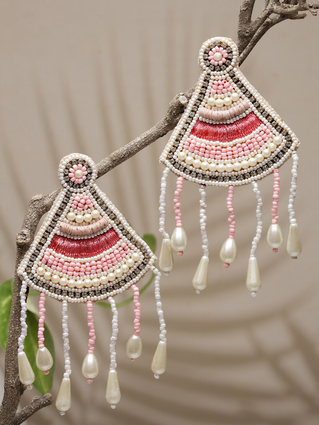 

Anekaant Pink & White Triangular Drop Earrings