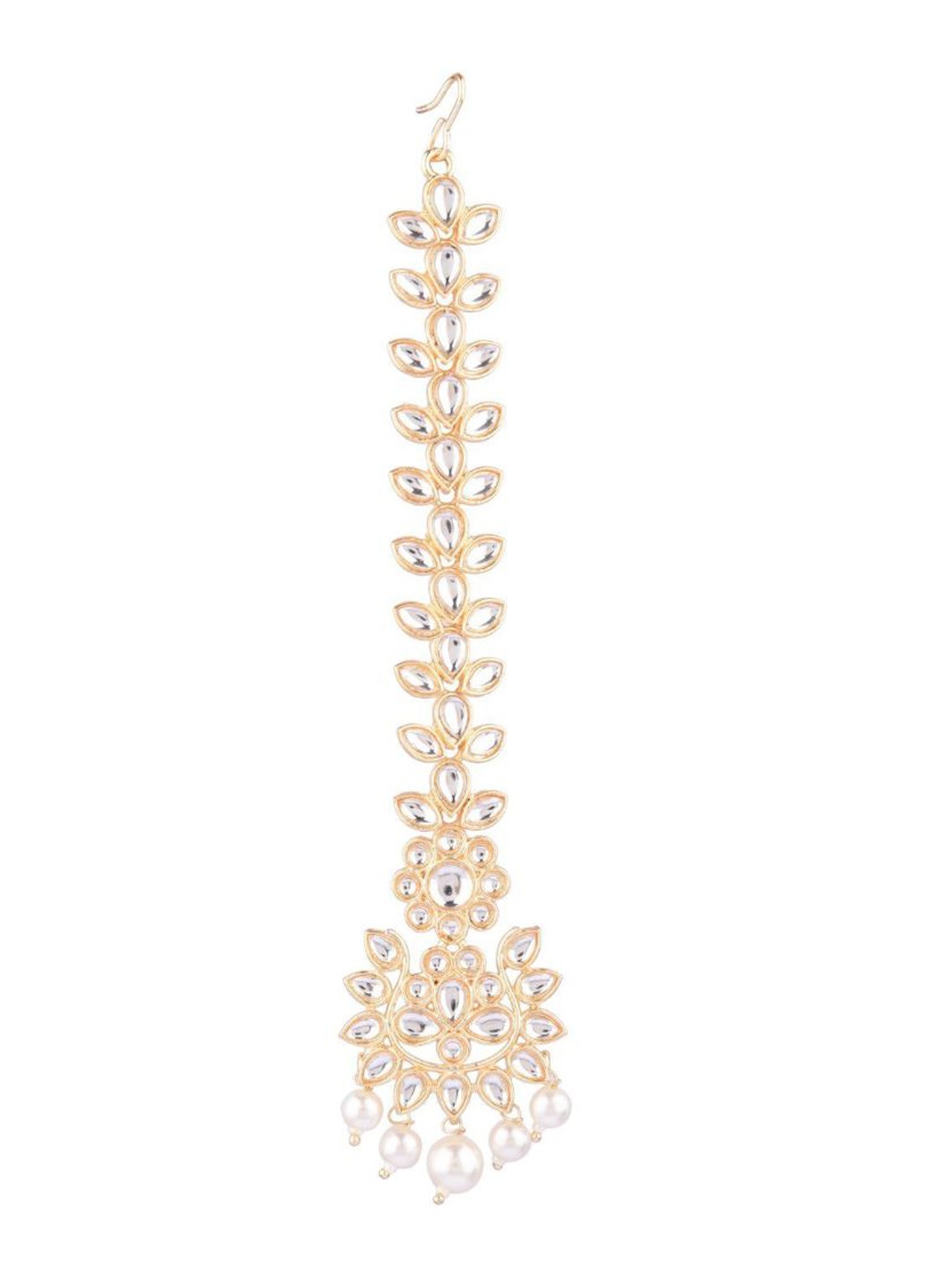 

Efulgenz Gold-Plated White Kundan Studded & Beaded Antique Chandbaali Maang Tikka