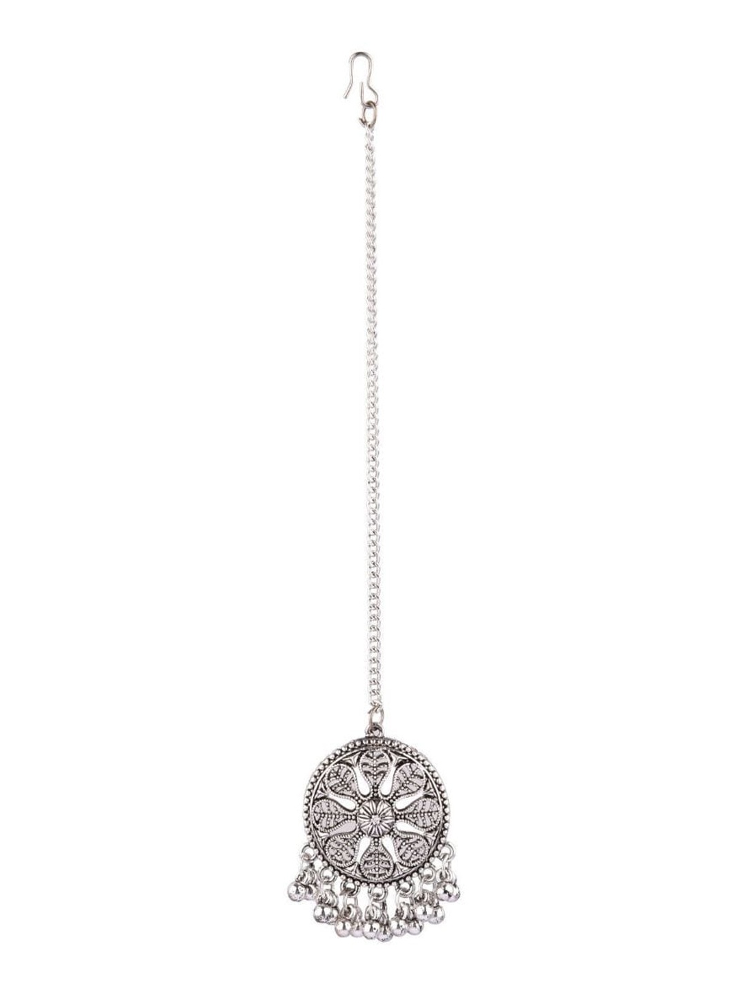 

Efulgenz Silver-Toned Oxidized Rhodium-Plated & Beaded Maang Tikka