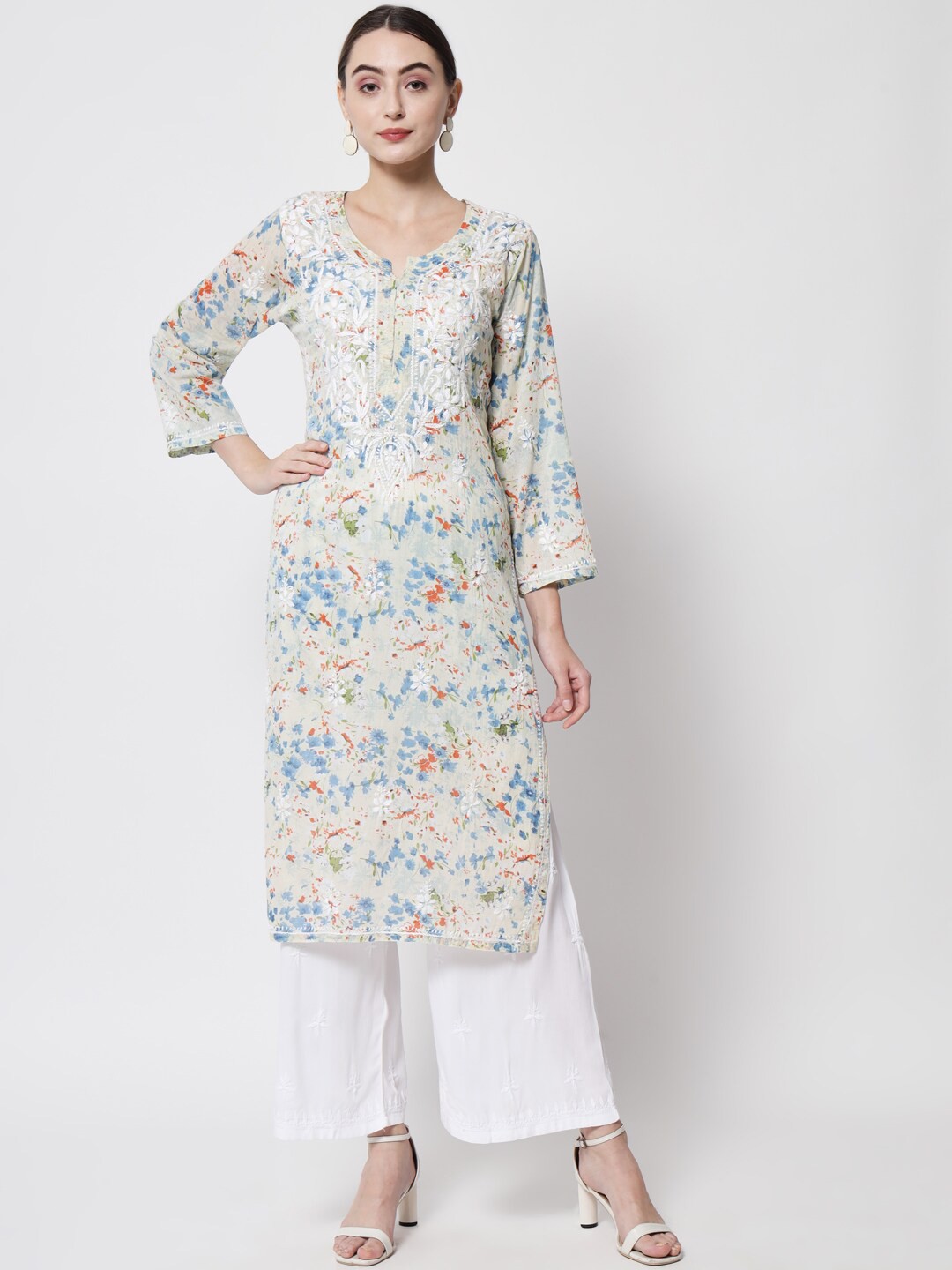 

PARAMOUNT CHIKAN Women Multicoloured Chikankari Hand Embroidered Cotton straight kurta, Off white