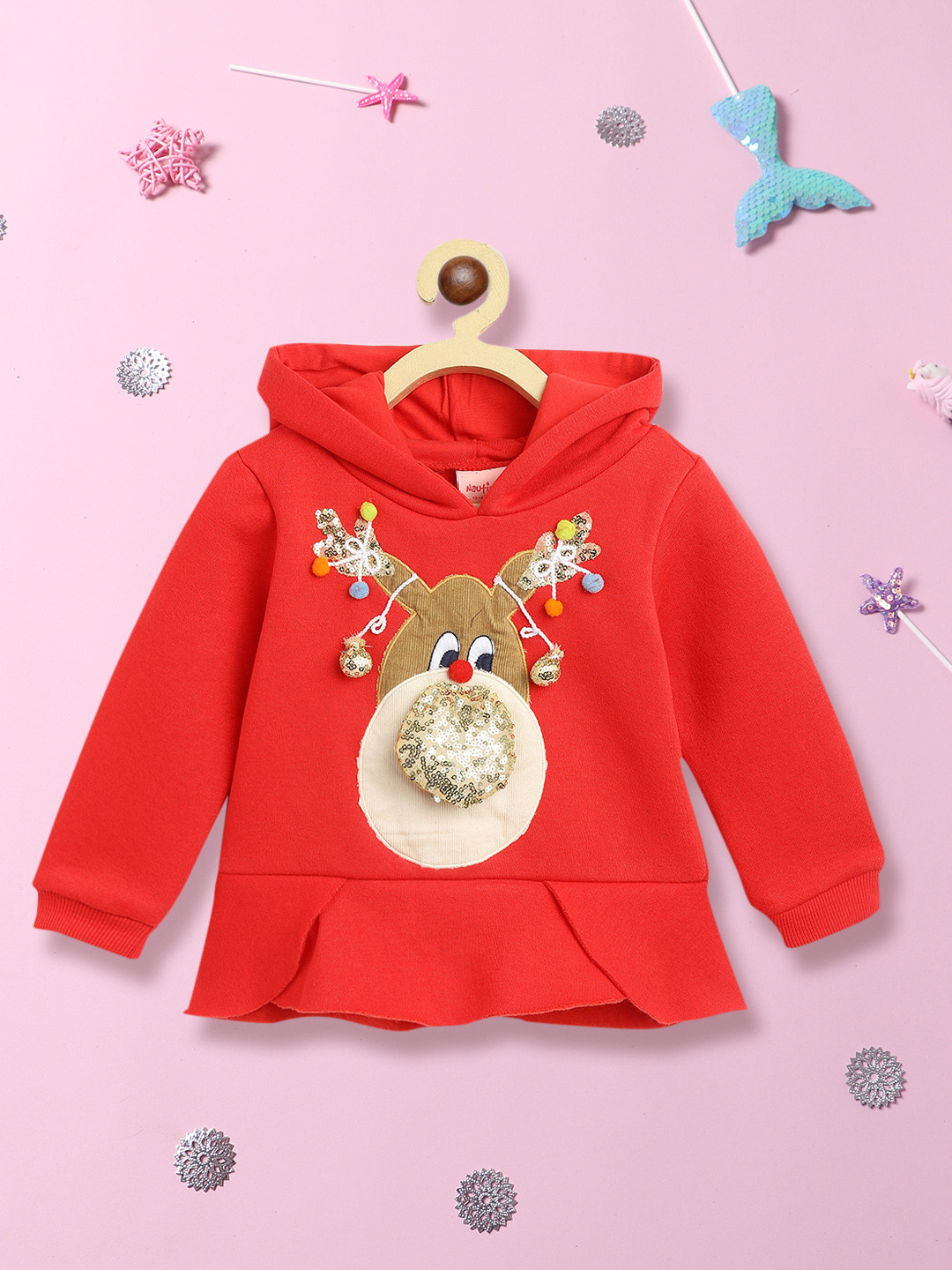 

Nauti Nati Girls Graphic Printed Hooded Sweatshirt, Red