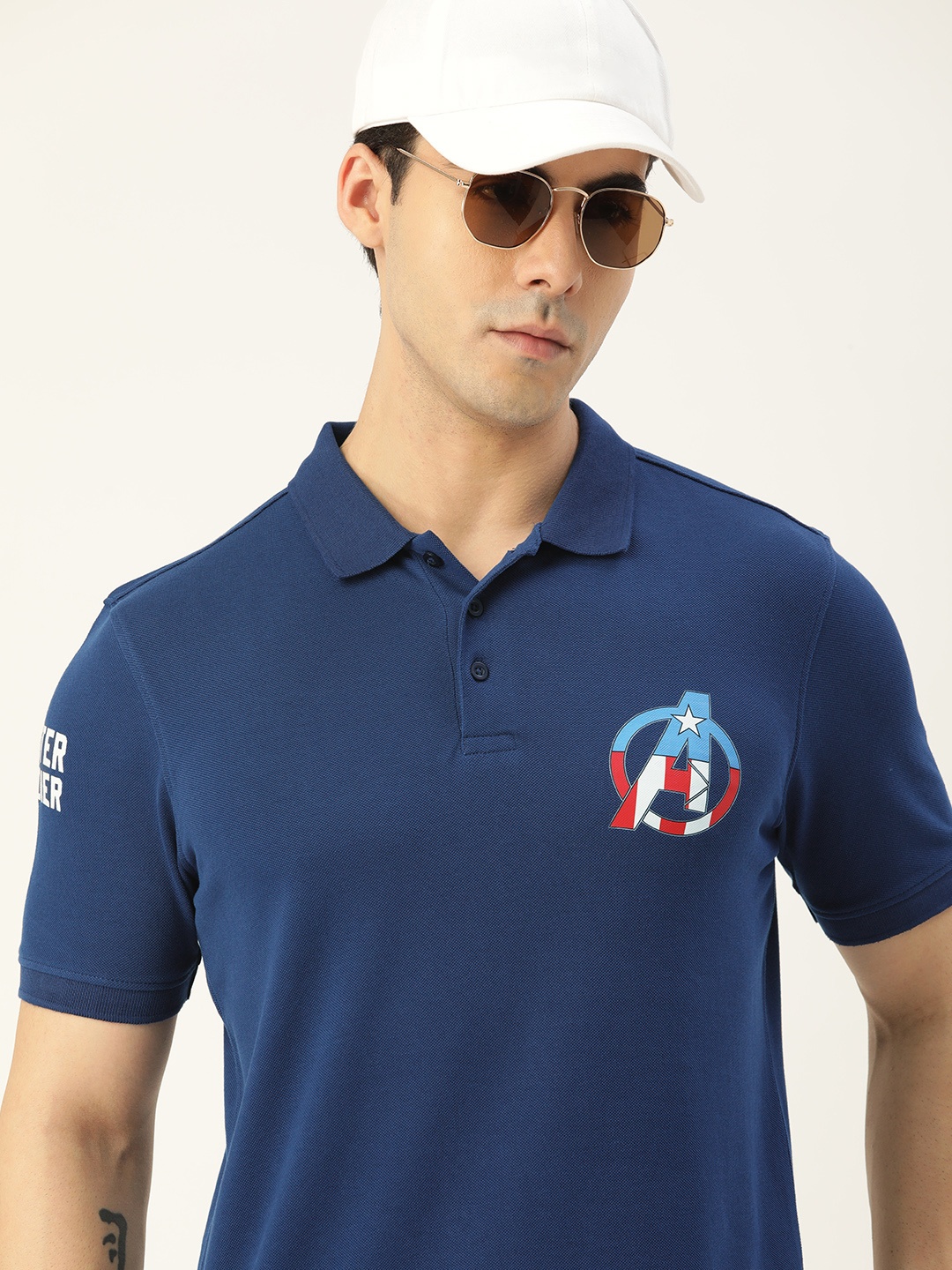 

Kook N Keech Marvel Navy Blue Captain America Print Polo Collar Pure Cotton T-shirt