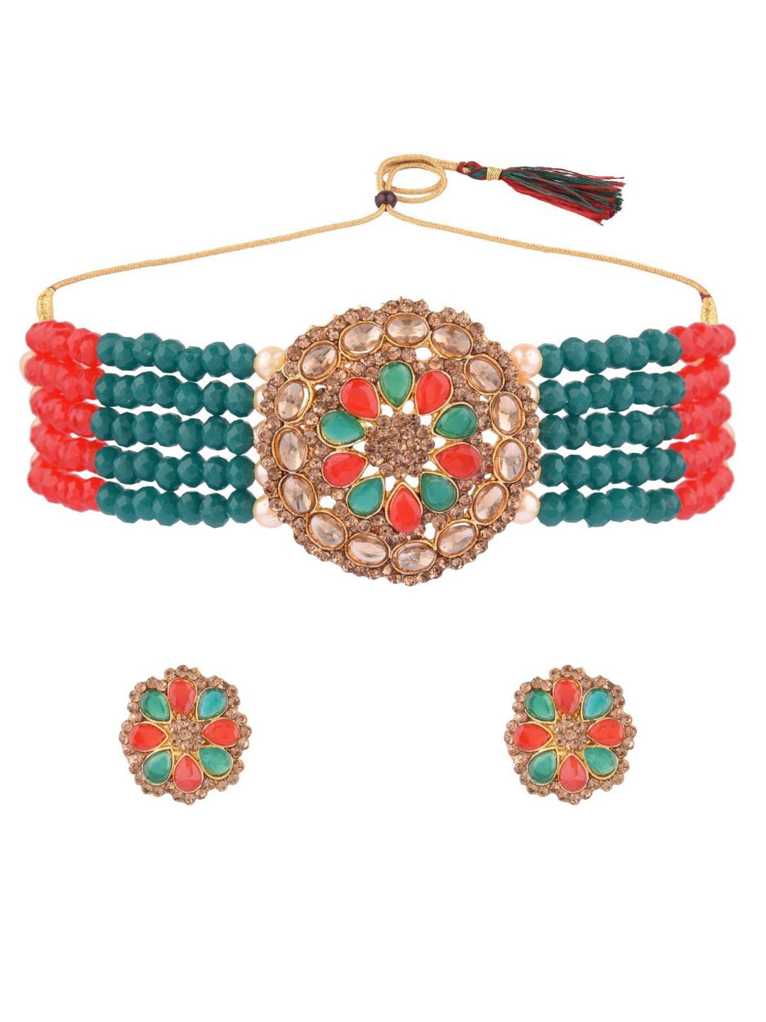 

Efulgenz Gold-Plated Red & Green Crystal Studded & Pearls Beaded Jewellery Set
