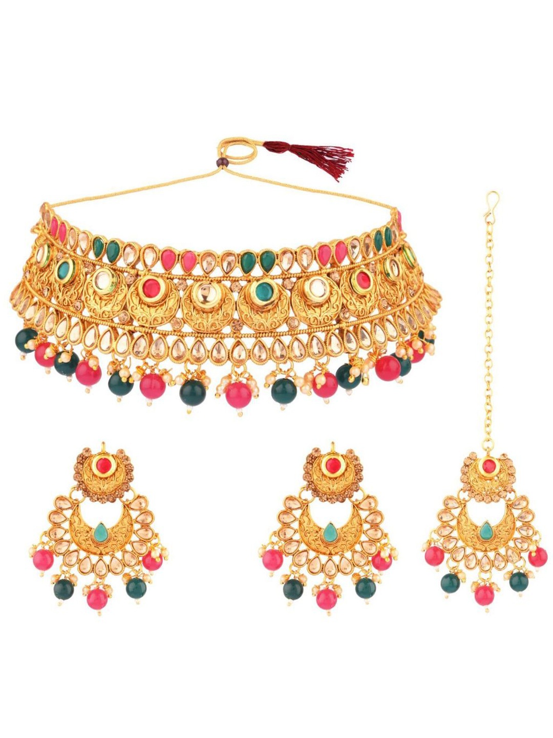 

Efulgenz Pink & Green Gold-Plated Crystal Studded & Beaded Jewellery Set