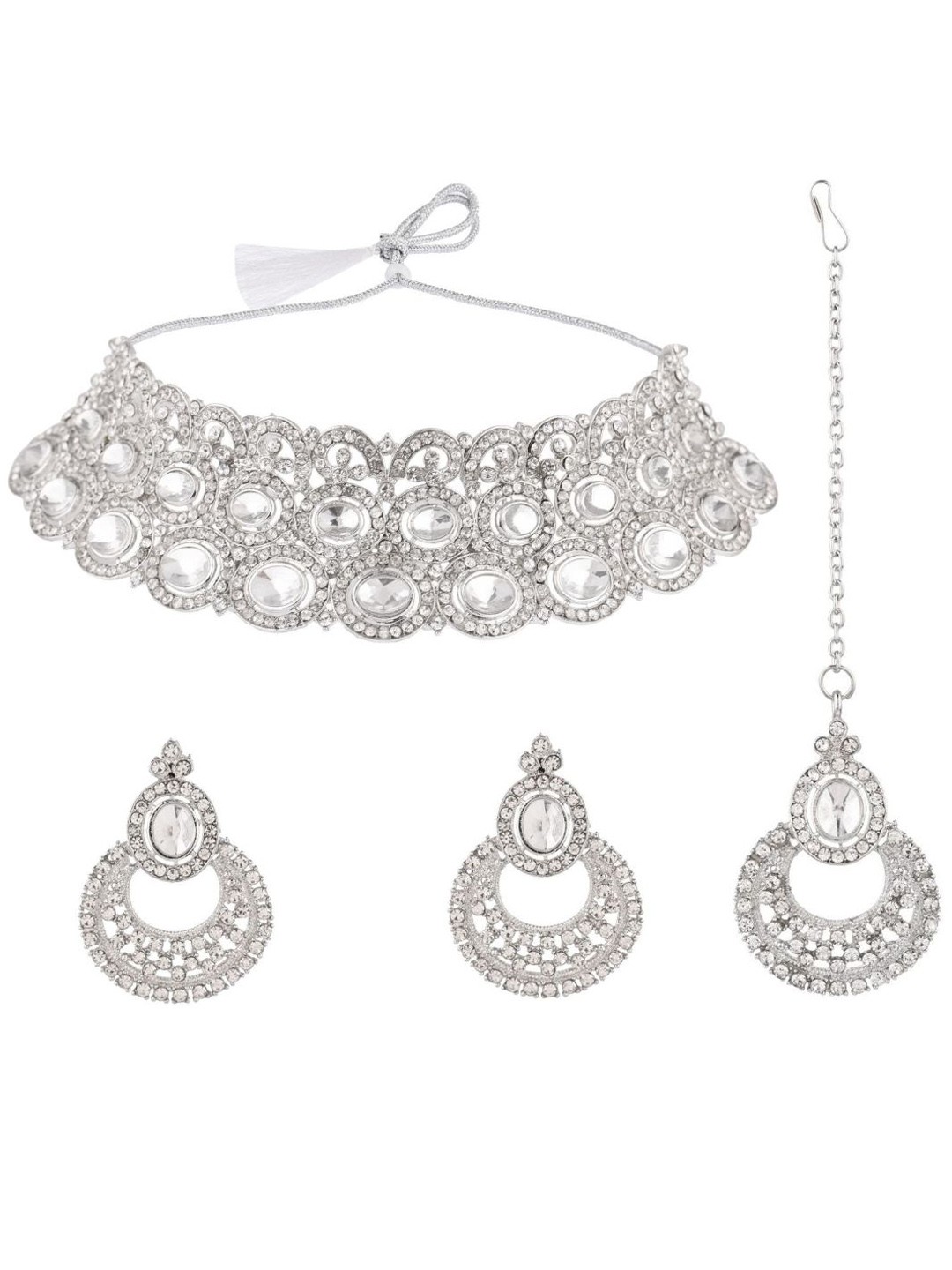

Efulgenz Silver-Toned & White Rhodium-Plated Crystals-Studded Jewellery Set
